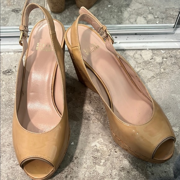 Stuart Weitzman Tan Peep-Toe Wedge Sandals - Picture 1 of 5